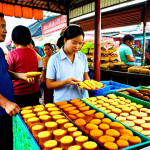 **

A bustling local market in Melaka, Malaysia. Focus on a vendor selling colorful *kuih-muih* (traditional cakes). In the background, show locals interacting and buying food. Emphasize the vibrant atmosphere and variety of food available. Include AdSense-friendly elements like bright colors and delicious-looking food.

**