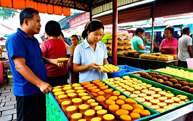 **
A bustling local market in Melaka, Malaysia. Focus on a vendor selling colorful *kuih-muih* (traditional cakes). In the background, show locals interacting and buying food. Emphasize the vibrant atmosphere and variety of food available. Include AdSense-friendly elements like bright colors and delicious-looking food.
**