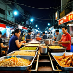 A bustling Bangkok street food market at night, vendors cooking Pad Thai, Som Tam, and satay.