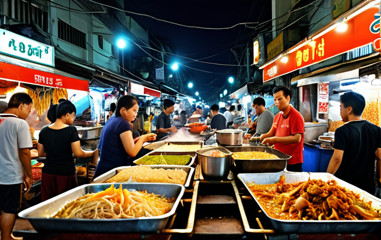 A bustling Bangkok street food market at night, vendors cooking Pad Thai, Som Tam, and satay.